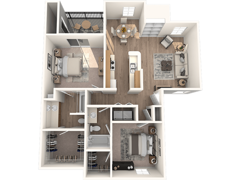 Floor plan for 2 beds, 2 baths, 1029 sqft